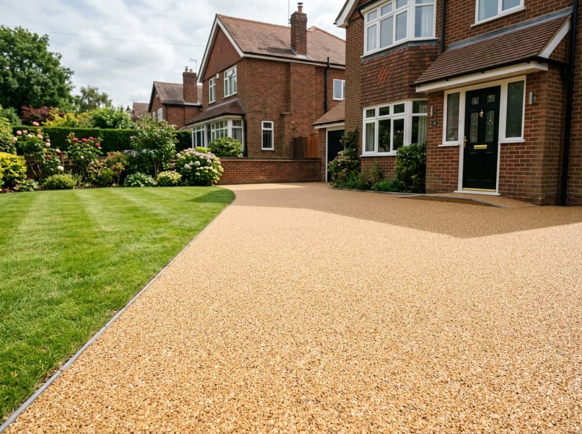 Resin bound gravel driveway in a warm honey-gold aggregate at a semi-detached house
