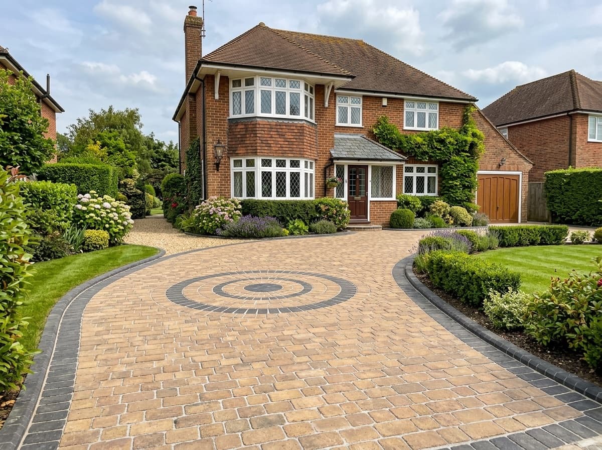 Curved block paving driveway in buff and brindle tones with a decorative circle feature
